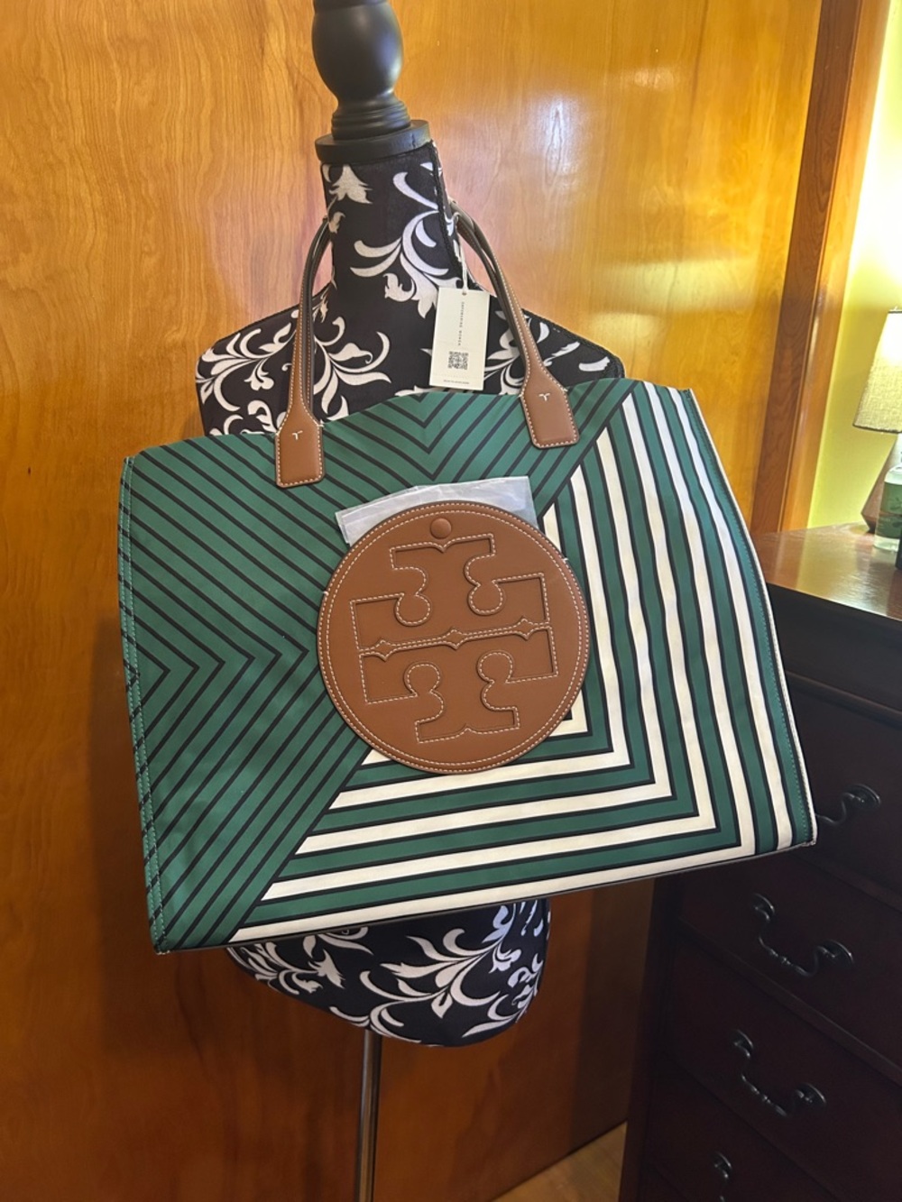 Tory Burch Green and White Striped Canvas Tote with Brown Leather Logo